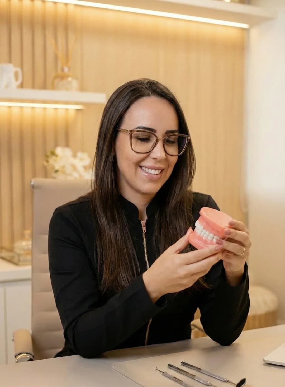 Dra. Simone explicando o tratamento com um modelo odontológico
